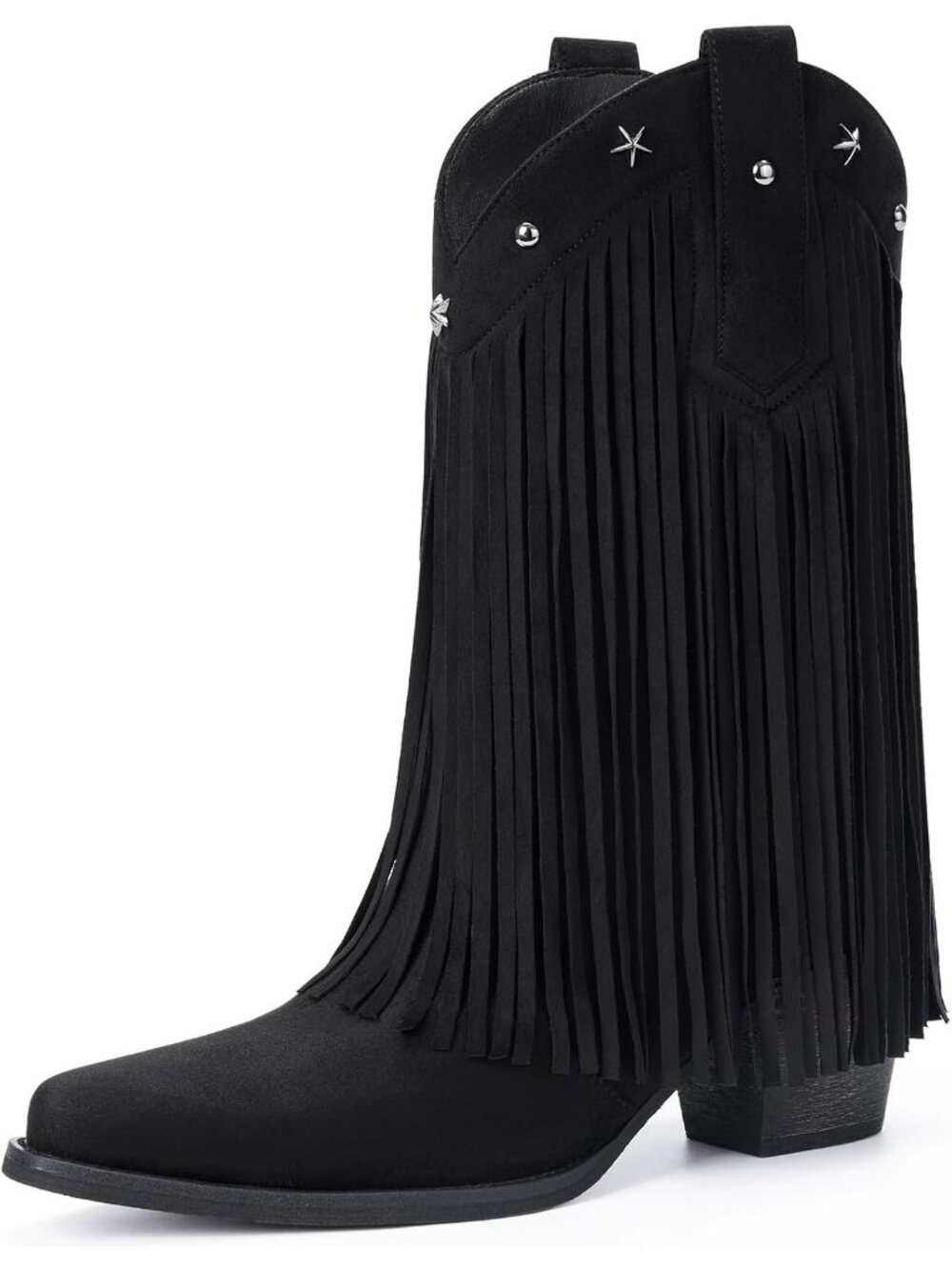 Women's Black Suede Faux Suede Cowgirl Boots Star Studded Mid Calf Chunky Heels